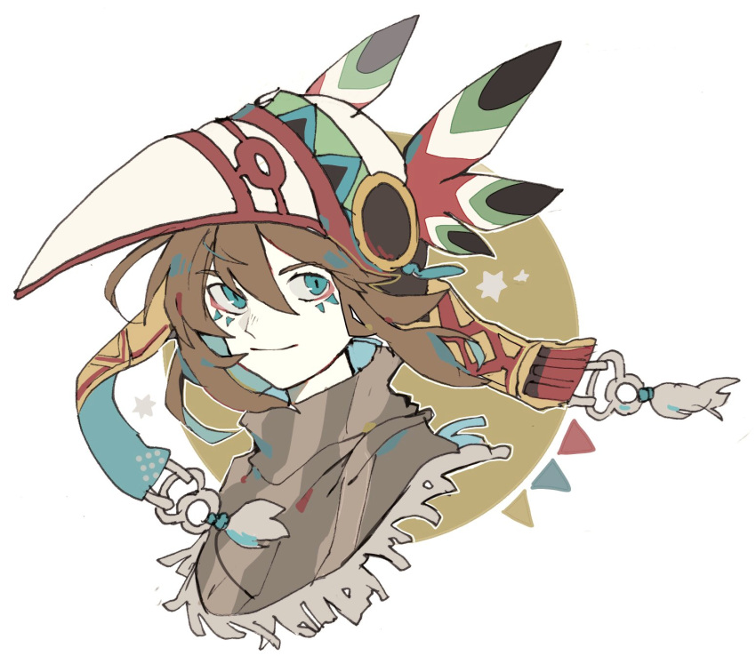 1boy, aztec, blue_eyes, brown_hair, closed_mouth, face, facial_mark, feathers