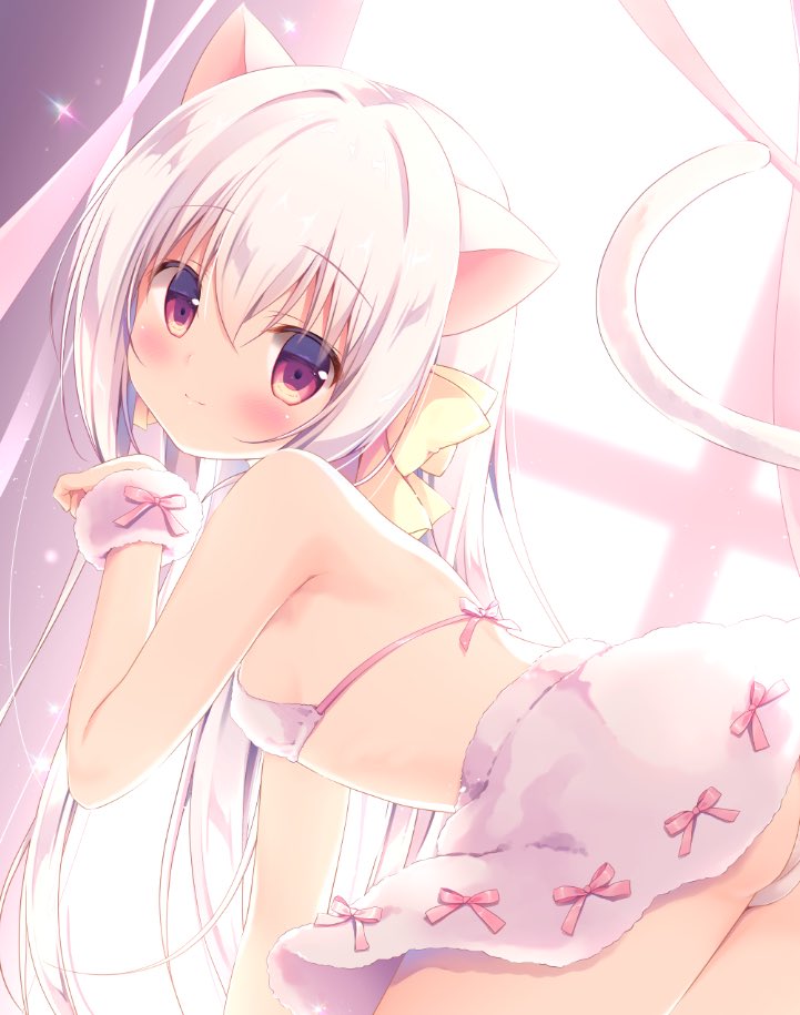 1girl, animal_ears, backlighting, bangs, bare_shoulders, bent_over, bikini, blurry