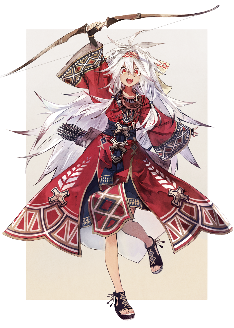 1girl, arm_up, arrow, aztec, banpai_akira, black_gloves, bow, bow_(weapon), fang, gloves, gradient, gradient_background, grey_hair, hair_between_eyes, holding, holding_bow_(weapon), holding_weapon, long_hair, long_sleeves, multicolored, multicolored_hair, open_mouth, orange_eyes, original, quiver, smile, solo, standing, tongue, tribal, two-tone_background, weapon, white_backpack, white_hair