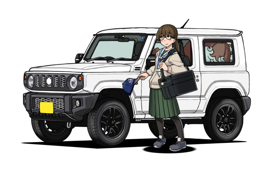 1girl, beige_cardigan, black-framed_eyewear, black_bag, black_legwear, blue_footwear, blush, bokukawauso