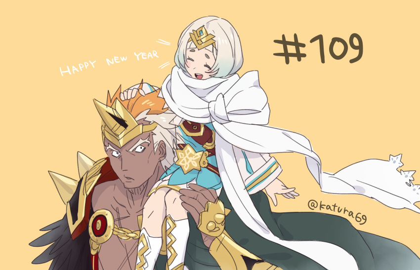 1boy, 1girl, belt, blue_hair, closed_eyes, dark_skin, dark_skinned_male, dress