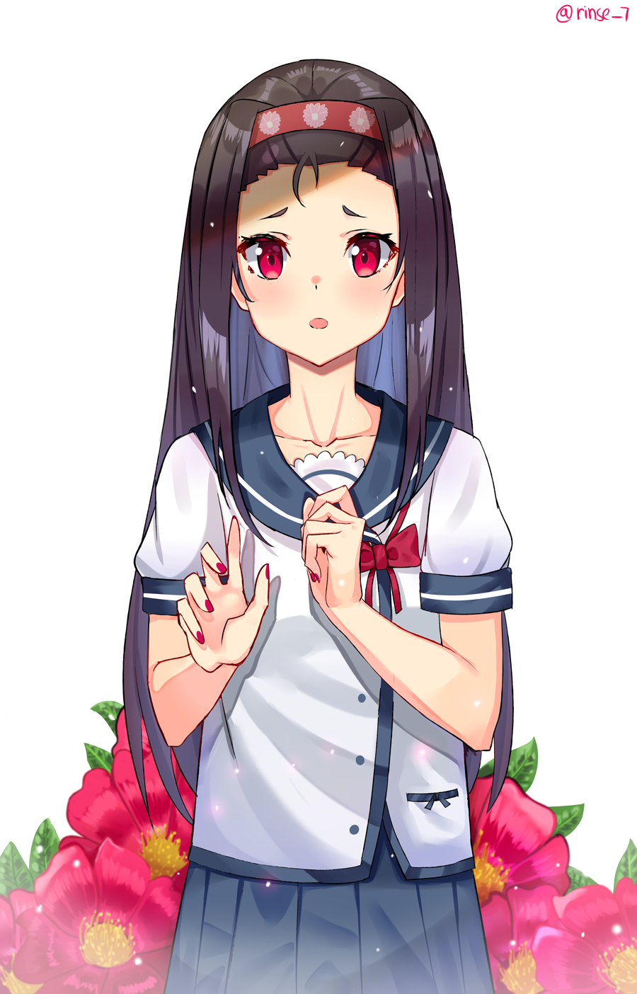 1girl, black_hair, collarbone, commentary, floral_print, flower, hairband, hand_on_own_chest