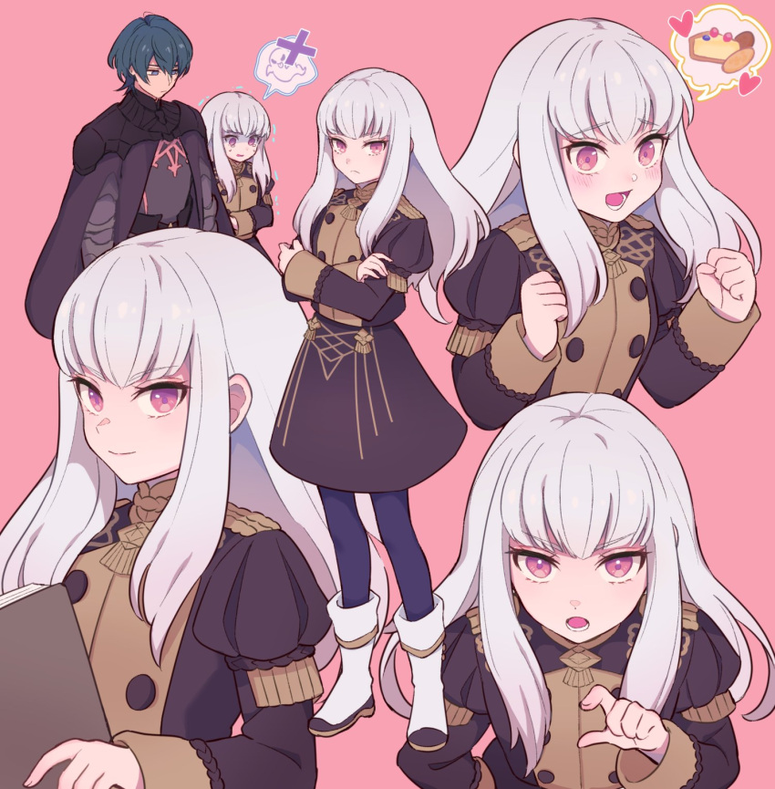 1boy, 1girl, armor, blue_eyes, blue_hair, blue_legwear, book, byleth_(fire_emblem)
