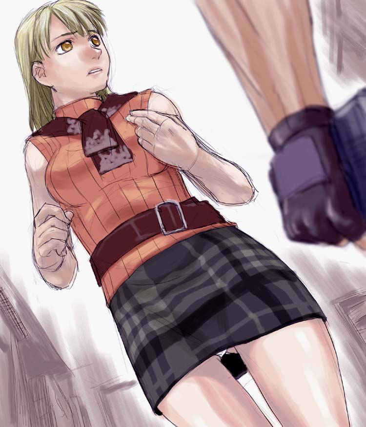 belt, biohazard, blonde_hair, bob_cut, hazel_eyes, panties, pantyshot, plaid