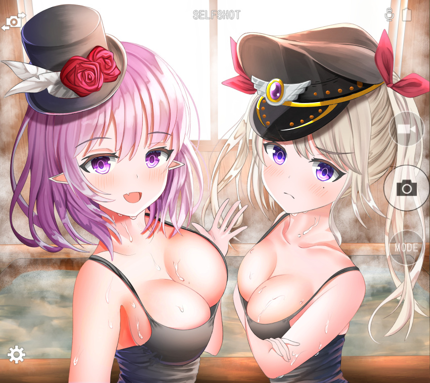 2girls, absurdres, breasts, ekvr5838, elf, flower, hair_ribbon, hat, hat_flower, highres, huge_filesize, large_breasts, lucid, maplestory, mini_hat, mini_top_hat, mole, mole_under_eye, multiple_girls, orchid_(maplestory), pink_eyes, pink_hair, pointy_ears, ribbon, top_hat, twintails, violet_eyes