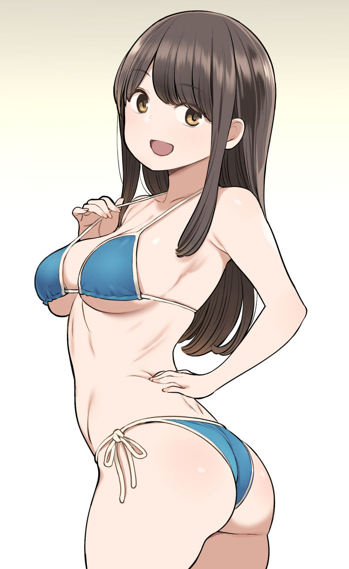 1girl, :d, ass, bikini, blue_bikini, breasts, brown_eyes, brown_hair