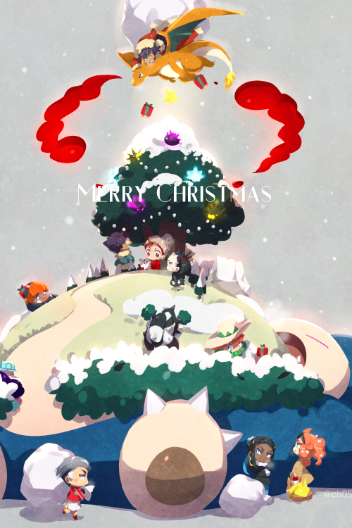 bush, charizard, chibi, christmas_ornaments, cis05, cold, dande_(pokemon), dark_skin