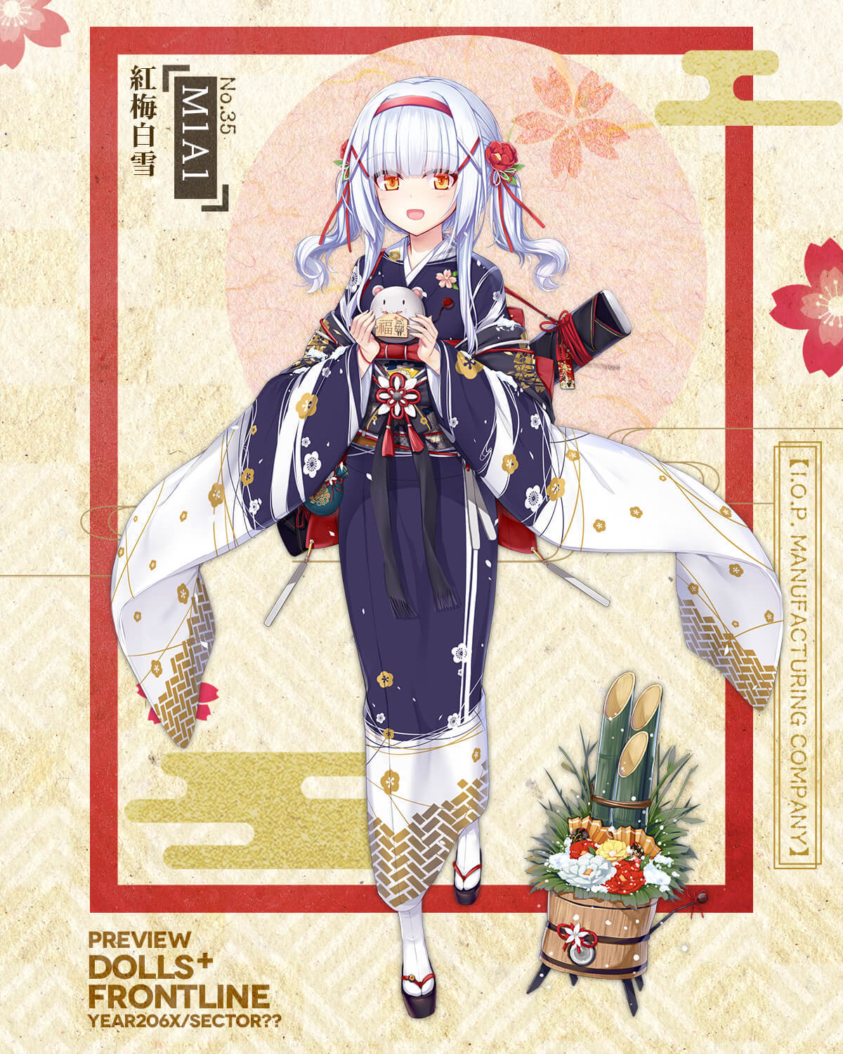 1girl, aixioo, alternate_costume, bamboo_shoot, blue_kimono, character_name, commentary_request, dinergate_(girls_frontline)