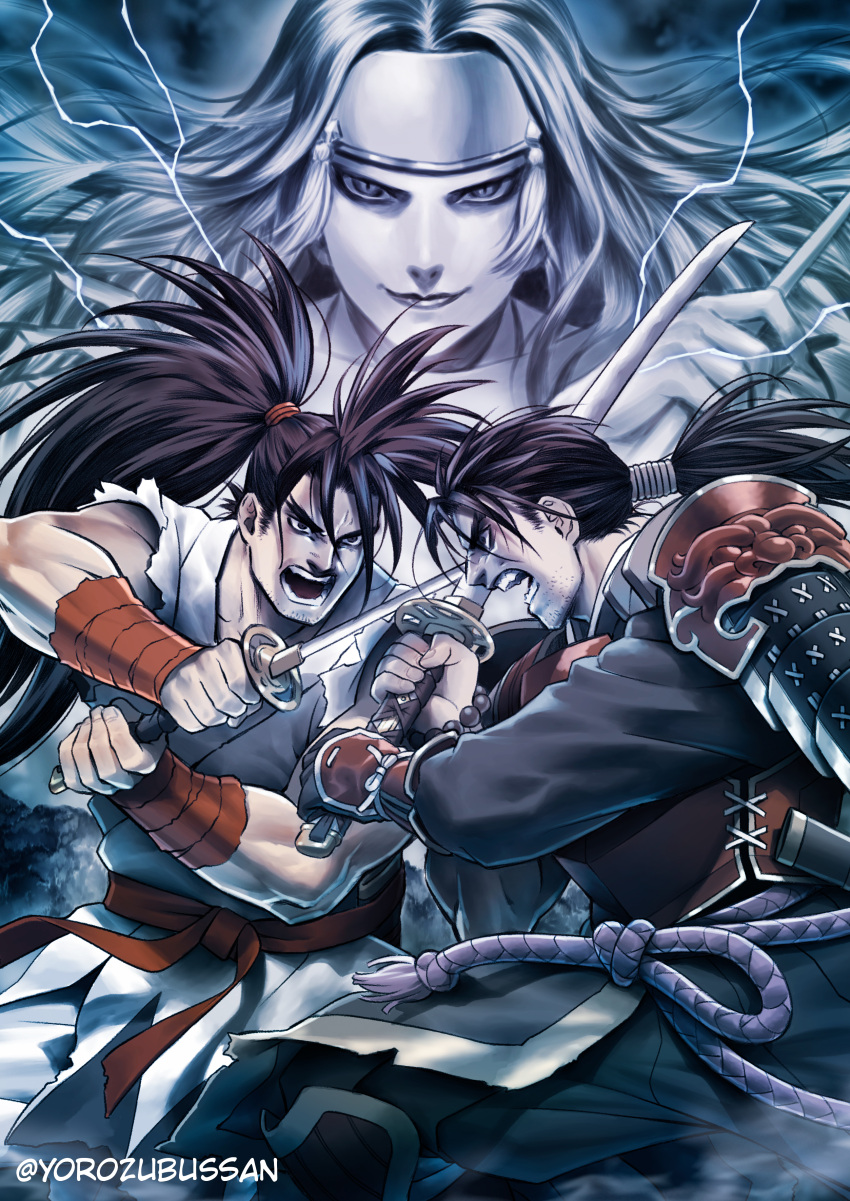 1girl, 2boys, absurdres, armor, artist_name, belt, black_hair, clash