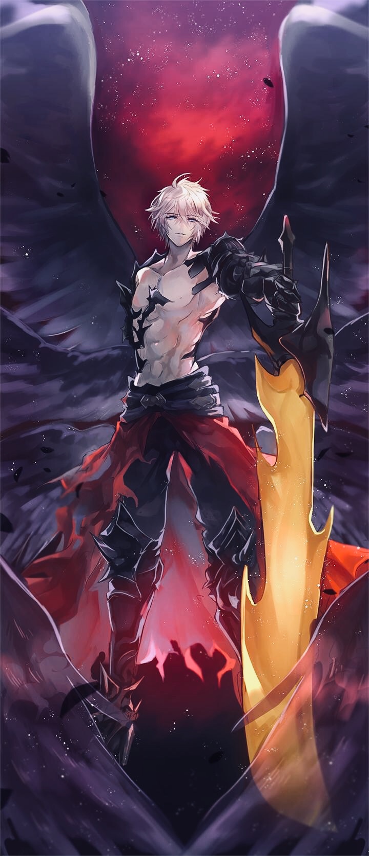 1boy, abs, armor, black_armor, black_footwear, black_pants, black_wings, blue_eyes, full_body, gloves, granblue_fantasy, greaves, highres, holding, holding_sword, holding_weapon, jiyo_(3510_tss), looking_at_viewer, lucilius_(granblue_fantasy), male_focus, pants, red_background, shirtless, smile, solo, standing, sword, weapon, white_hair, wings