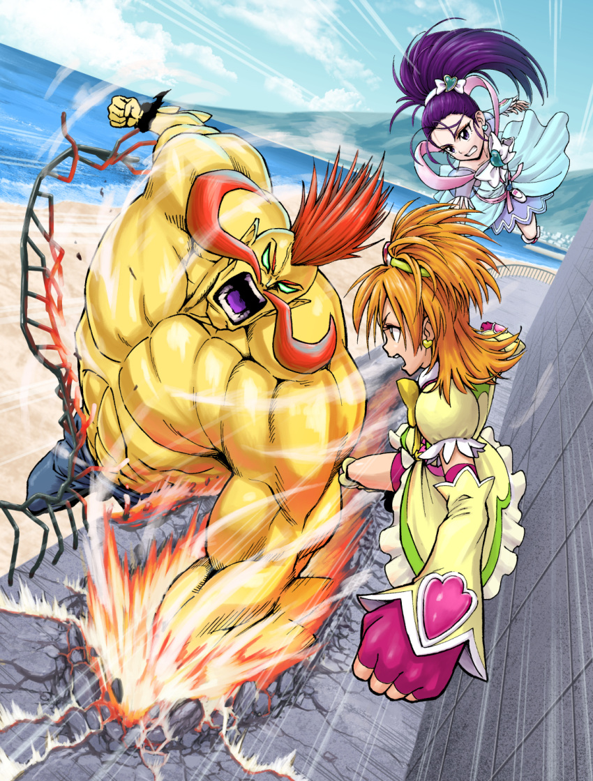 1boy, 2girls, angry, arm_warmers, battle, beach, bike_shorts, blue_dress