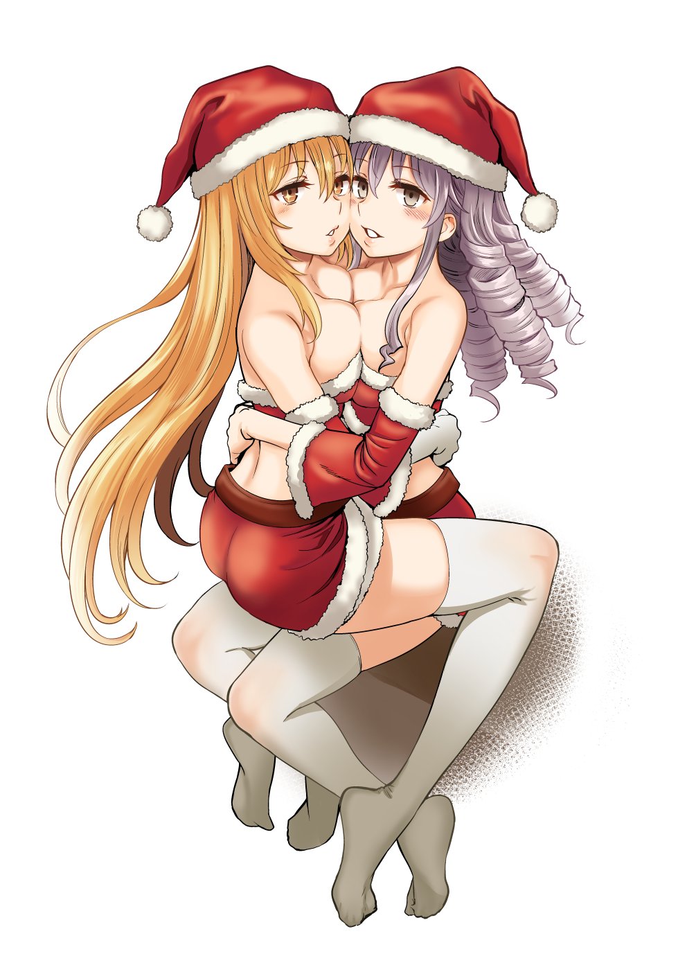 +_+, 2girls, akanagi, astral_buddy, blonde_hair, breast_press, breasts, christmas