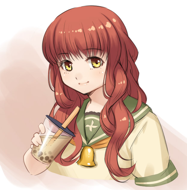 1girl, beige_serafuku, bell, brown_background, brown_hair, bubble_tea, commentary_request, cropped_torso