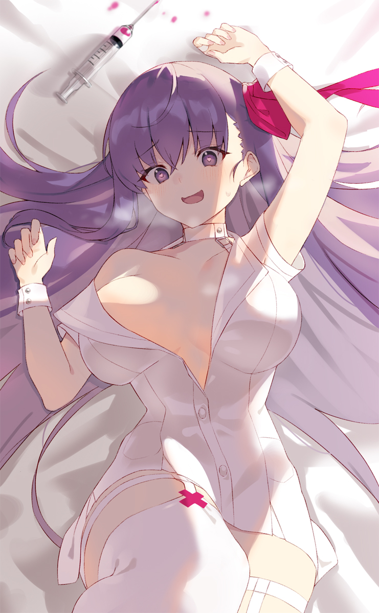 1girl, bangs, bb_(fate)_(all), bb_(fate/extra_ccc), bb_shot!, blush, breasts, center_opening