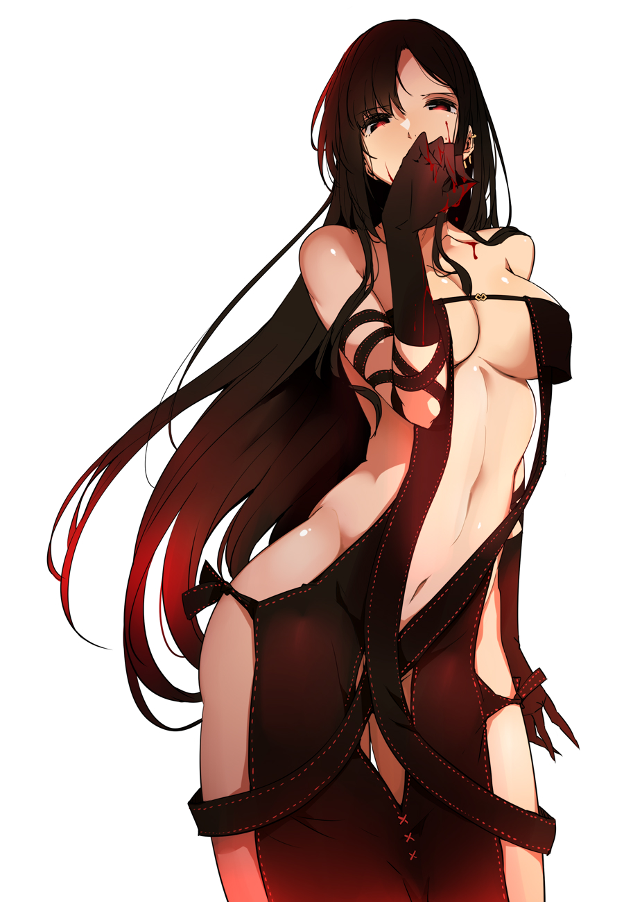 1girl, bangs, bare_shoulders, black_dress, black_gloves, blood, breasts, brown_hair