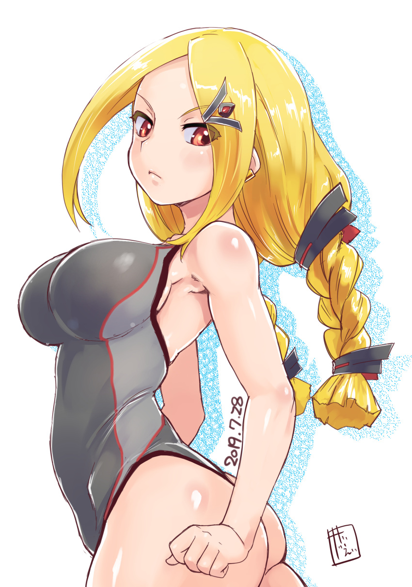 1girl, absurdres, ass, blonde_hair, braid, breasts, character_request, clenched_hand
