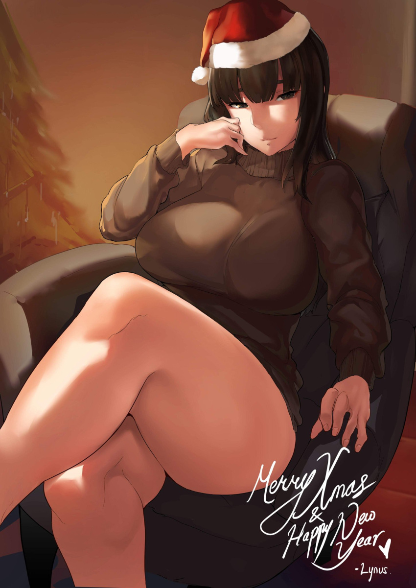 1girl, bangs, barista, black_hair, blunt_bangs, breasts, brown_sweater, chair