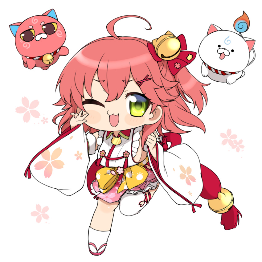 1girl, 35p_(miko_channel), ahoge, bell, breasts, cat, cherry_blossom_print, cherry_blossoms