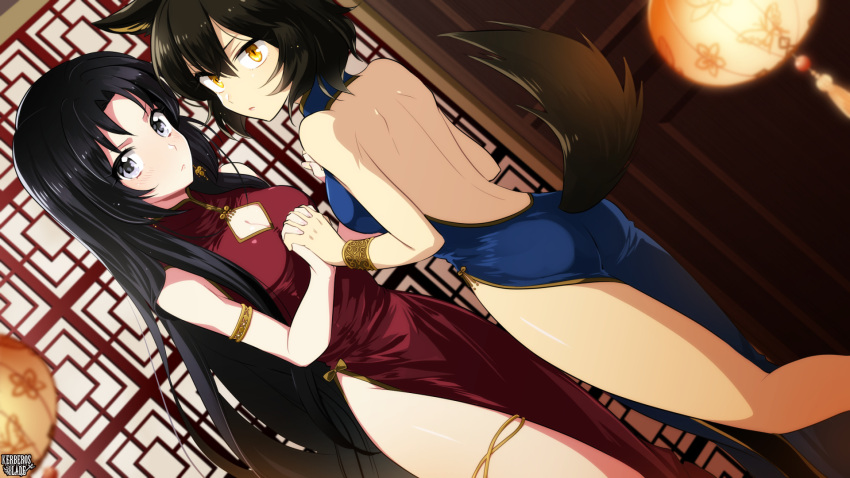 2girls, animal_ears, armlet, ass, backless_dress, backless_outfit, bangle, bare_shoulders