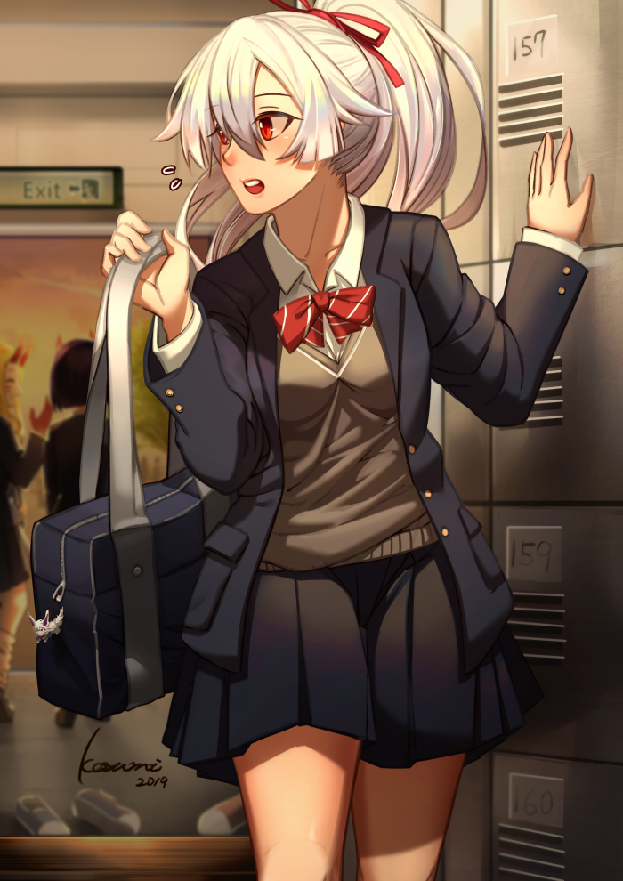 2019, 3girls, alternate_costume, arms_up, bag, blazer, blue_skirt, blurry