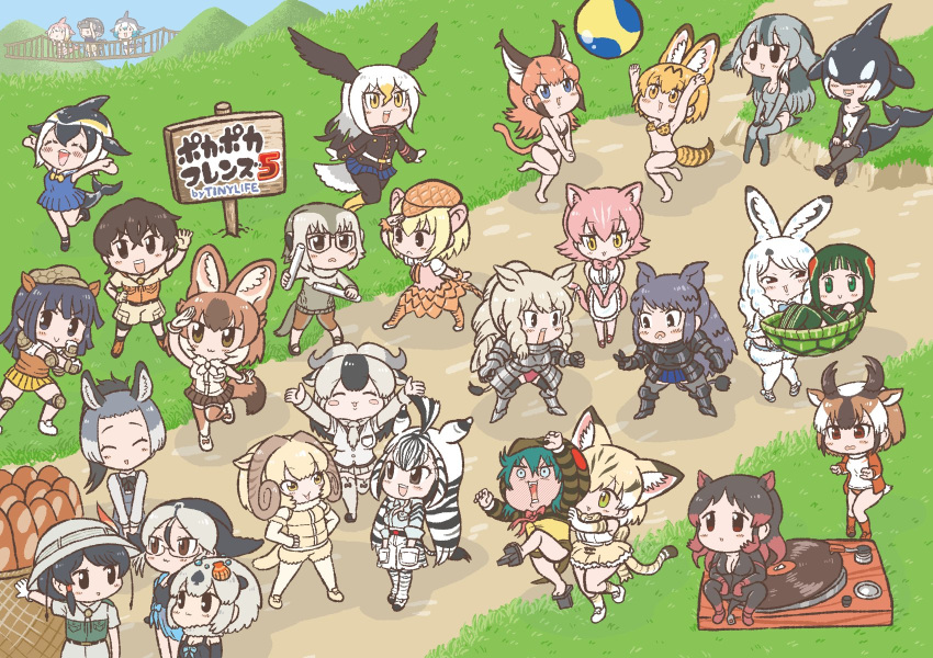1boy, 6+girls, :>, :3, ^_^, animal_ears, animal_print, apron