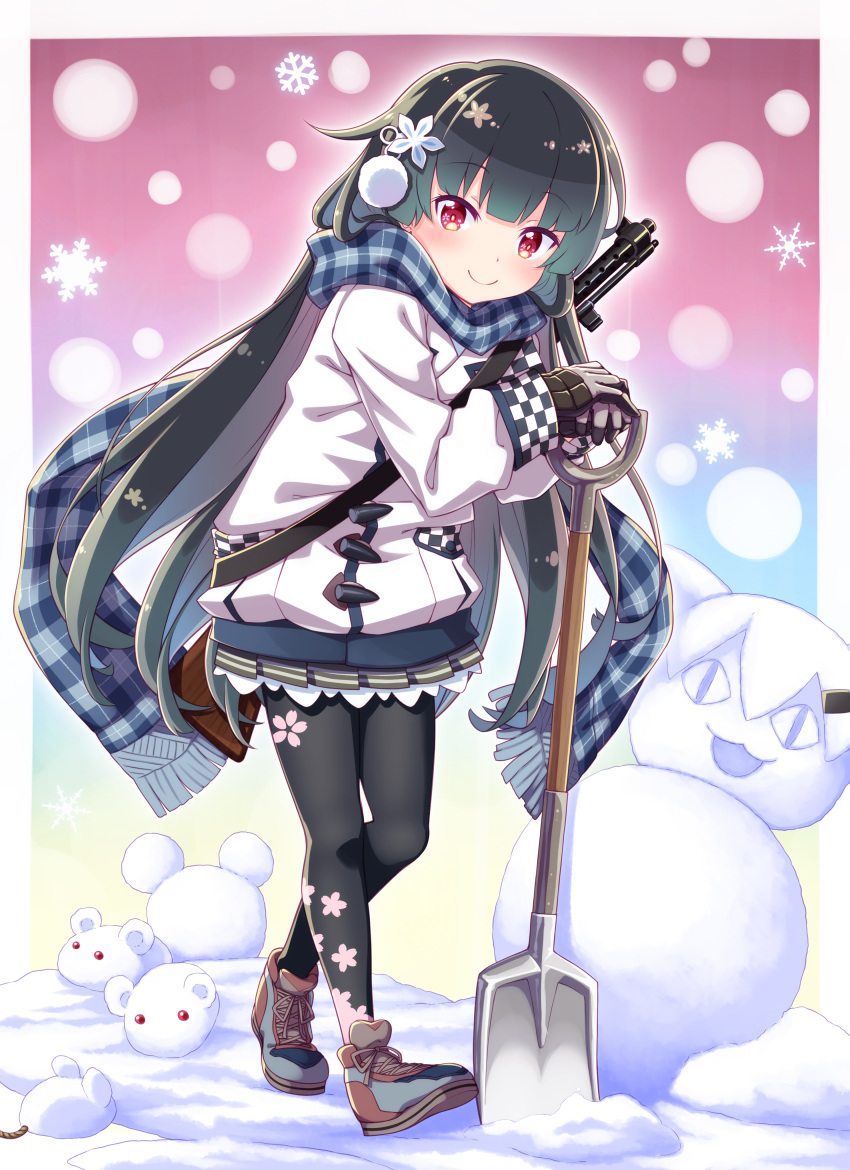 1girl, absurdres, alternate_costume, bangs, black_hair, blunt_bangs, checkered, checkered_scarf