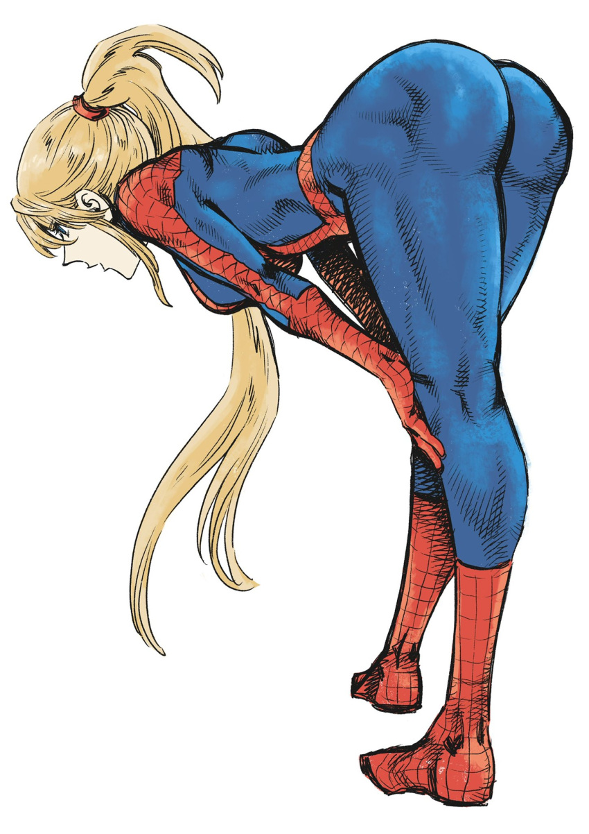 1girl, ass, bent_over, blonde_hair, blue_eyes, bodysuit, breasts, commentary_request, cosplay, from_behind, highres, large_breasts, long_hair, metroid, ponytail, samus_aran, simple_background, solo, spider-man, spider-man_(cosplay), spider-man_(touei), thighs, tied_hair, toned, tsunamino_yuu, very_long_hair, white_background
