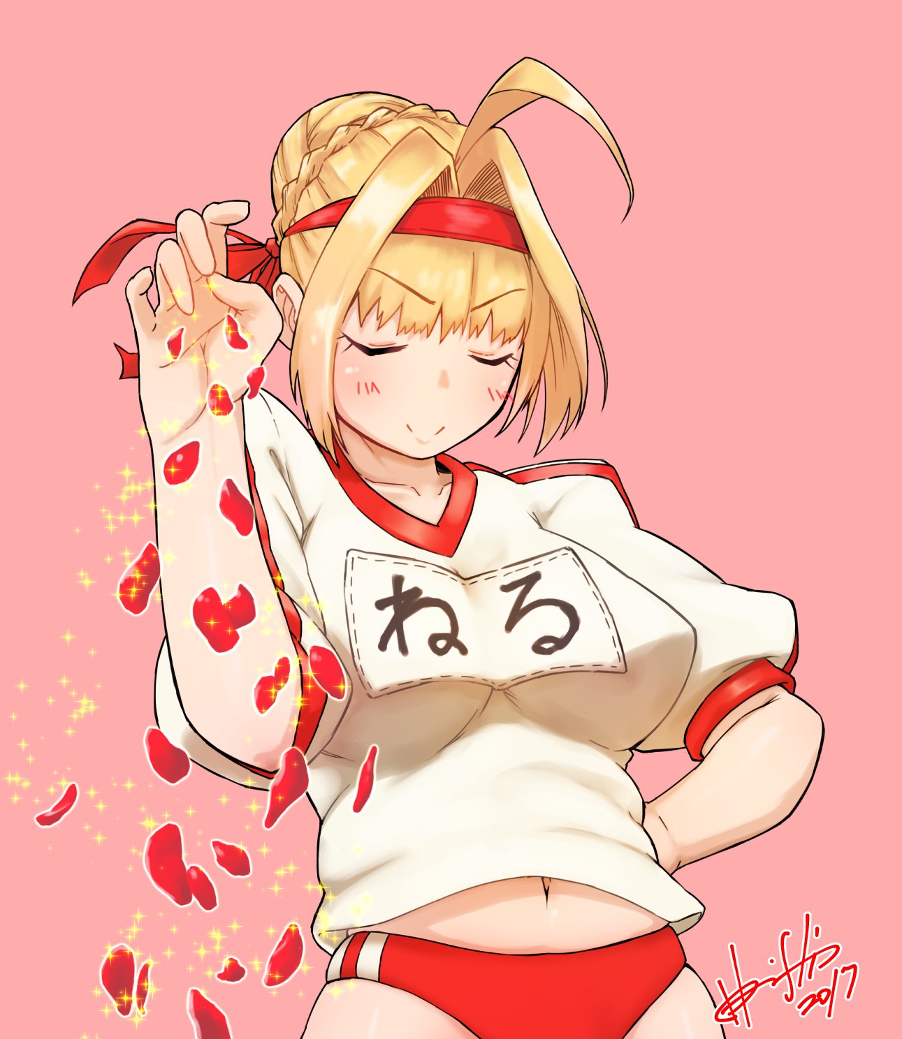 1girl, ahoge, arm_up, blonde_hair, blush, braid, buruma, closed_eyes, fate_(series), french_braid, hair_bun, hair_intakes, hand_on_hip, headband, highres, hori_shin, juliet_sleeves, long_sleeves, midriff_peek, name_tag, navel, nero_claudius_(fate), nero_claudius_(fate)_(all), olympian_bloomers, petals, pink_background, puffy_sleeves, red_buruma, red_headband, rose_petals, salt_bae_(meme), signature, smile, solo, sparkle, sprinkling