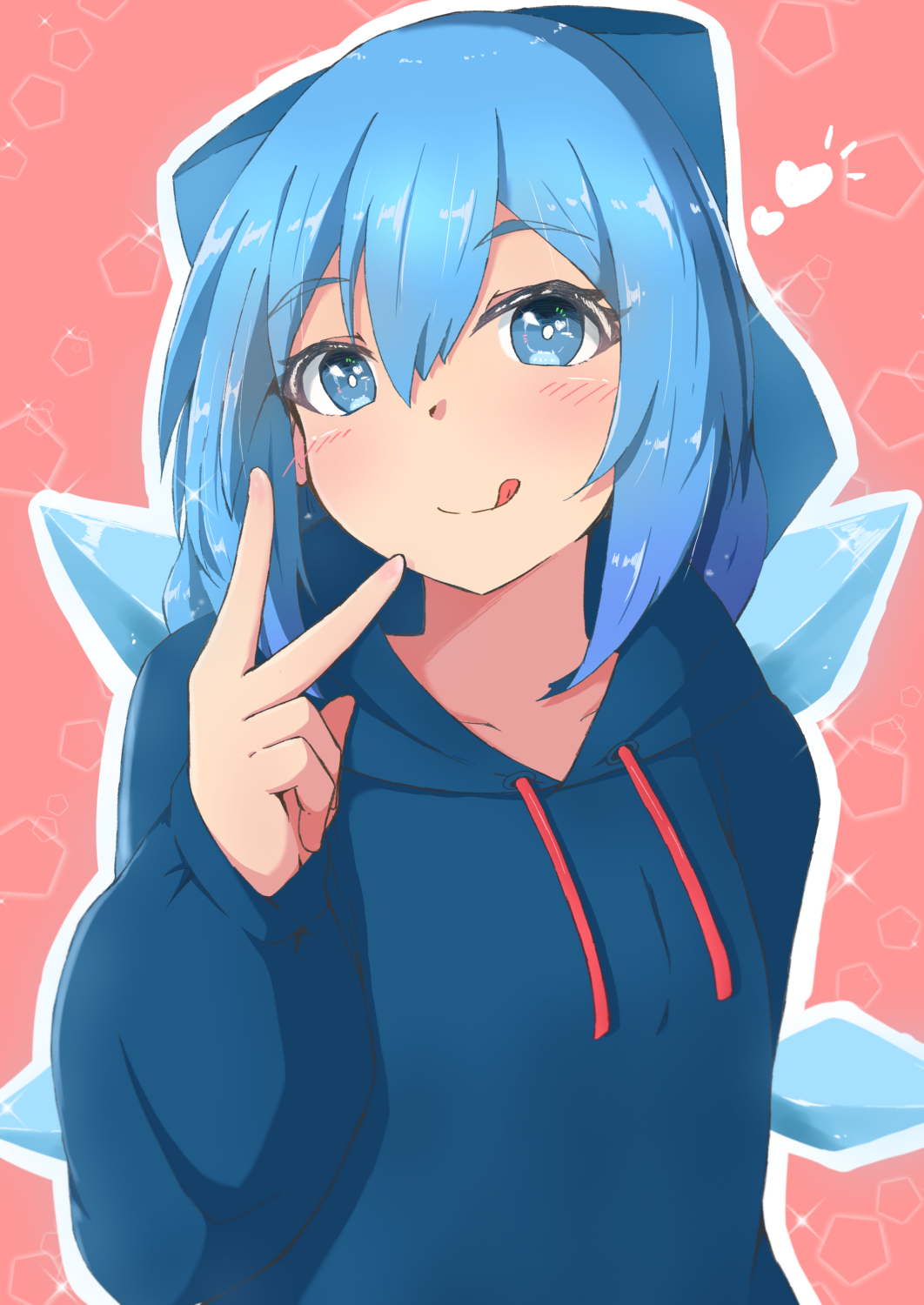 1girl, :q, alternate_costume, arm_behind_back, arm_up, blue_eyes, blue_hair, blue_hoodie