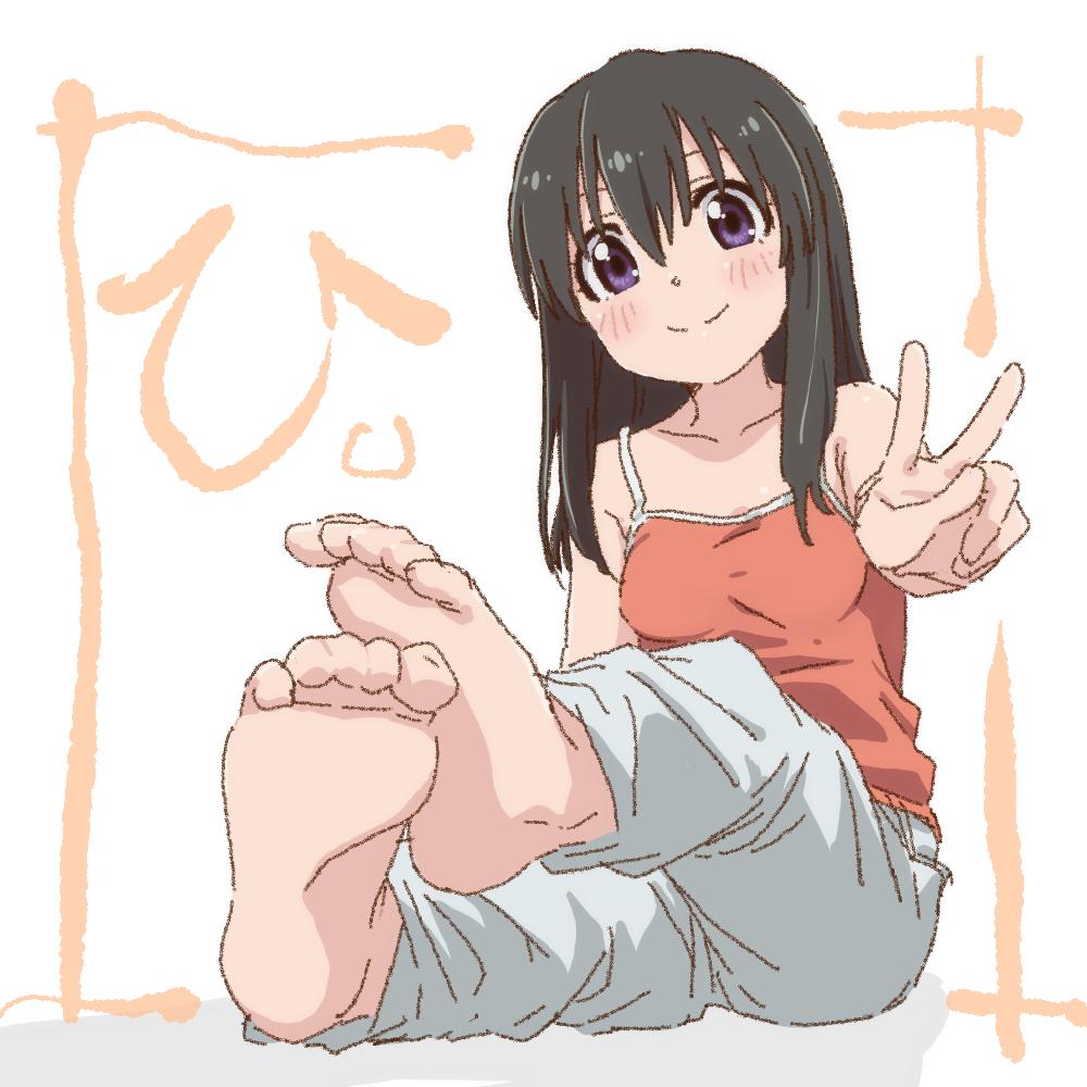1girl, black_hair, blush, camisole, feet, full_body, hair_down, kuraue_hinata