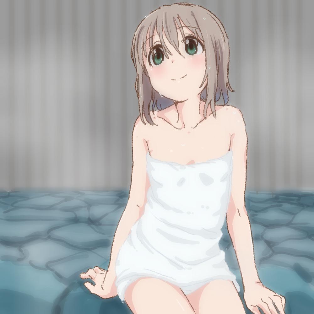 1girl, bath, blush, green_eyes, naked_towel, onsen, rock, silver_hair