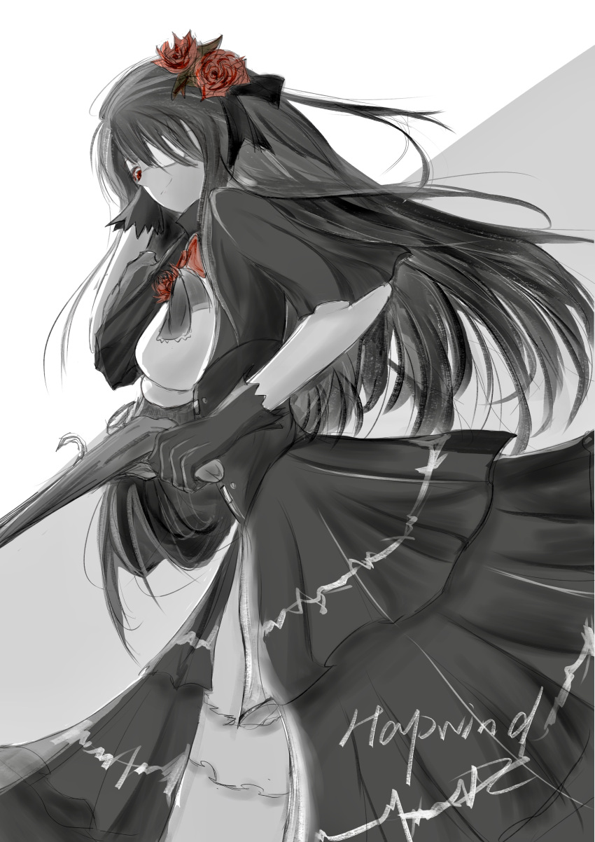 1girl, absurdres, antique_firearm, artist_name, breasts, date_a_live, dutch_angle, eyepatch, firearm, firelock, flintlock, flower, gothic_lolita, grey_background, greyscale, gun, hair_flower, hair_ornament, hapwind, highres, large_breasts, lolita_fashion, long_hair, monochrome, red_eyes, rose, solo, spot_color, tokisaki_kurumi, weapon, white_background