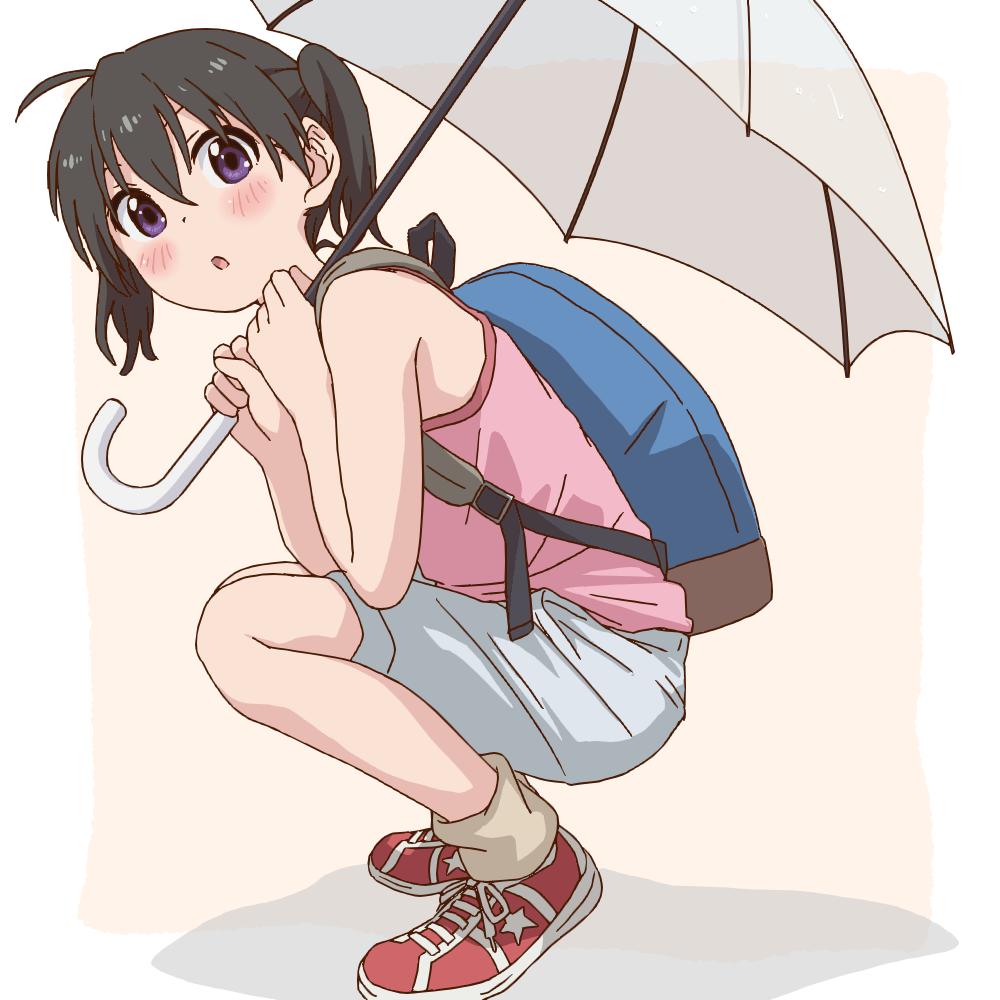 1girl, ahoge, backpack, bag, black_hair, blush, holding, holding_umbrella