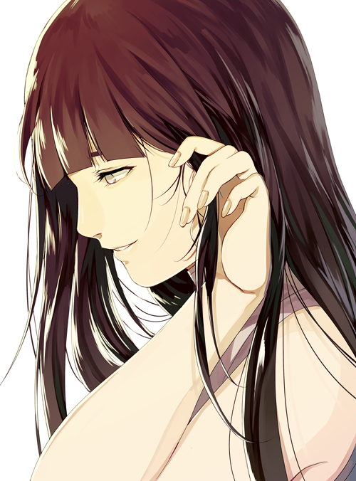 1girl, bangs, bare_arms, bare_shoulders, black_hair, blunt_bangs, close-up, eyelashes, face, fingernails, grey_eyes, hako_ichiiro, half-closed_eyes, hand_in_hair, hand_up, hime_cut, hyuuga_hinata, light_smile, long_hair, looking_down, naruto, naruto:_the_last, naruto_(series), nervous, no_pupils, parted_lips, profile, purple_shirt, shiny, shiny_hair, shirt, simple_background, sleeveless, sleeveless_shirt, smile, solo, straight_hair, teeth, upper_body, very_long_hair, white_background