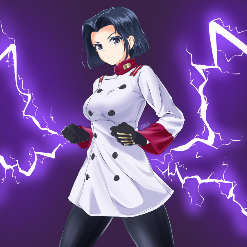 1girl, akatsuki_(akatsuki_blitzkampf), akatsuki_blitzkampf, black_eyes, black_gloves, black_hair, breasts, chaesu