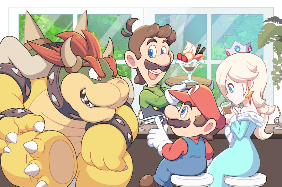 bar_stool, bird, blue_eyes, boots, bowser, brown_footwear, cafe, crow