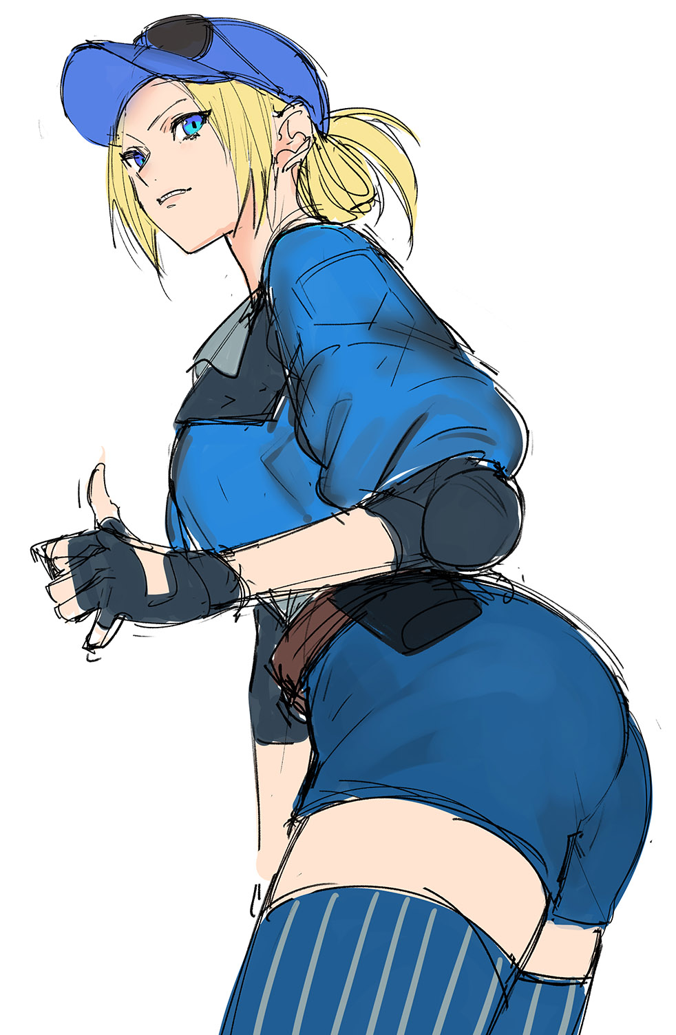 1girl, bangs, baseball_cap, black_gloves, blue_eyes, blue_legwear, elbow_pads, eyewear_on_head