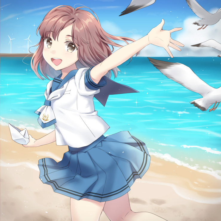 1girl, arm_up, beach, bird, blue_sailor_collar, blue_skirt, blue_sky, brown_hair