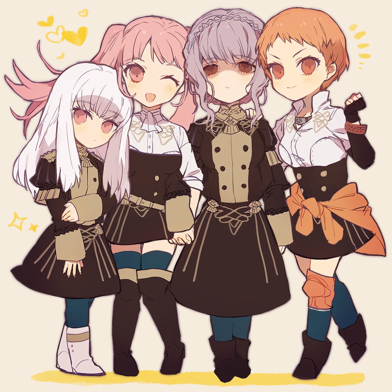4girls, black_gloves, blue_hair, blue_legwear, boots, braid, brown_eyes, closed_mouth, crown_braid, fingerless_gloves, fire_emblem, fire_emblem:_three_houses, garreg_mach_monastery_uniform, gloves, highres, hilda_valentine_goneril, holding_hands, knee_boots, leonie_pinelli, long_hair, long_sleeves, lysithea_von_ordelia, marianne_von_edmund, multiple_girls, nemui_468, one_eye_closed, open_mouth, orange_eyes, orange_hair, pink_eyes, pink_hair, smile, thigh-highs, twintails, uniform, white_hair