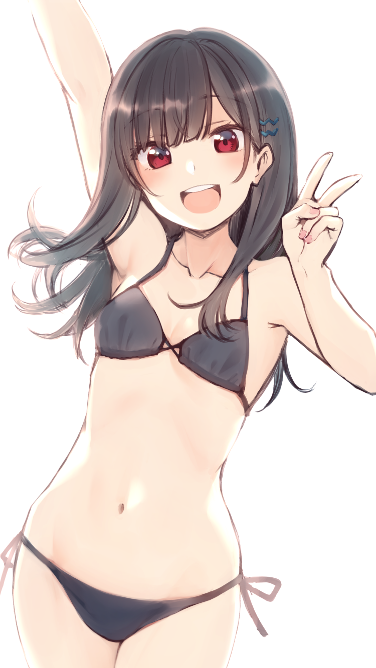 1girl, armpits, arms_up, bangs, bare_shoulders, bikini, black_bikini, black_hair