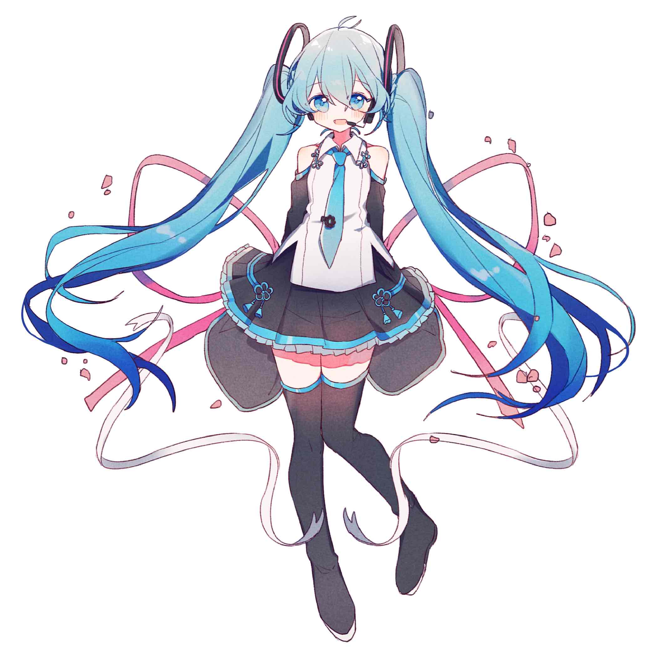 :d, aqua_eyes, aqua_hair, aqua_neckwear, arms_at_sides, bangs, bare_shoulders, black_legwear