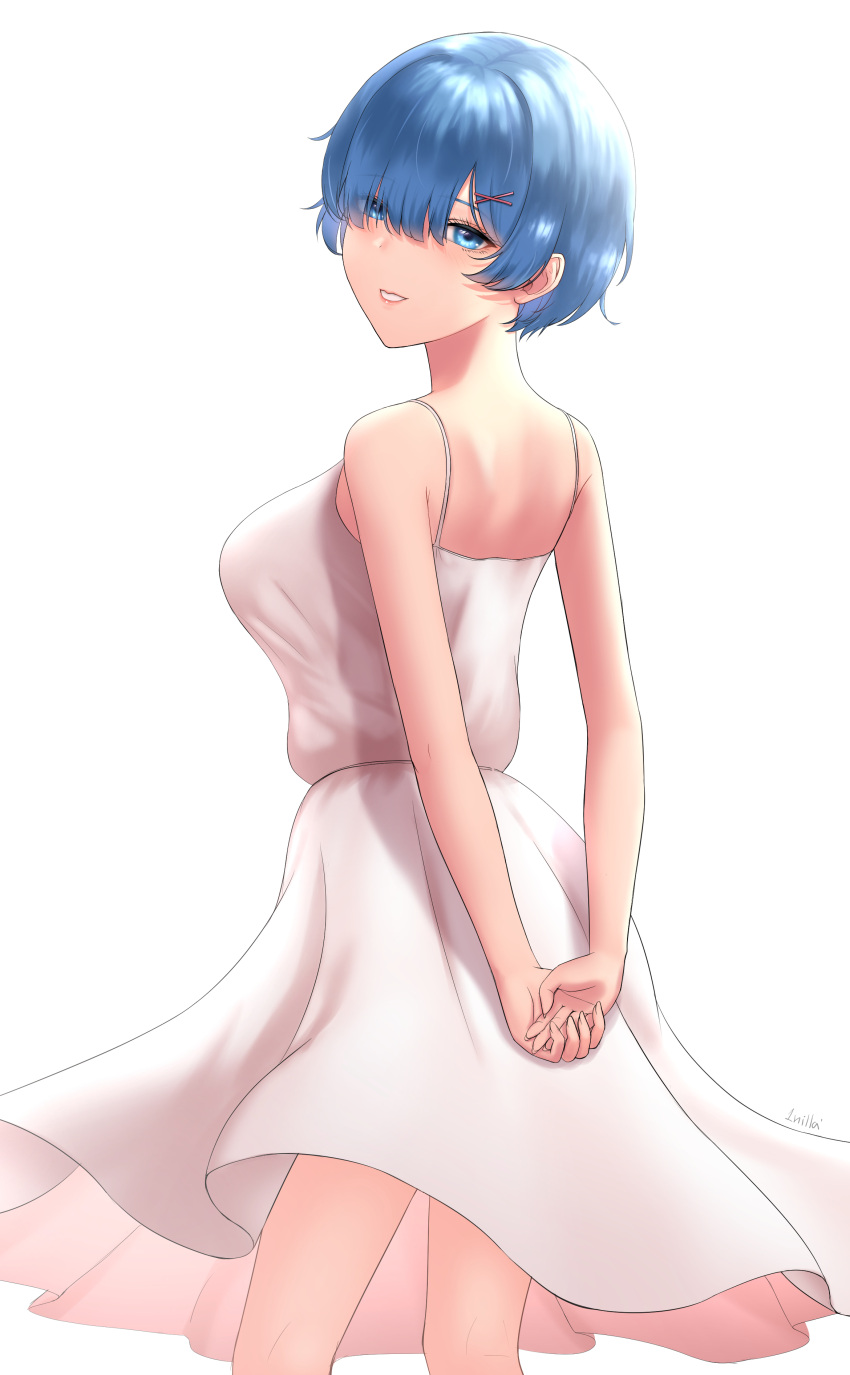 1girl, 1nilla', :d, absurdres, alternate_costume, arms_behind_back, bare_shoulders, blue_eyes