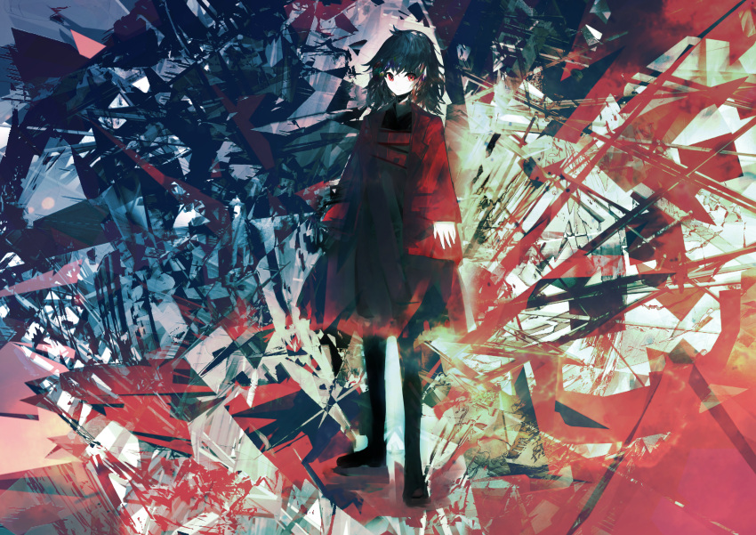 1girl, abstract_background, absurdres, amenosoto, arms_at_sides, black_dress, black_hair, brown_footwear