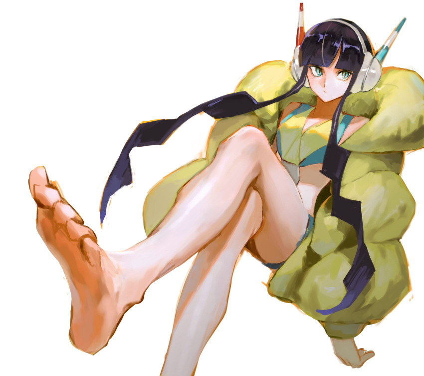 1girl, aqua_eyes, aqua_shorts, bangs, bare_legs, bare_shoulders, barefoot, black_hair