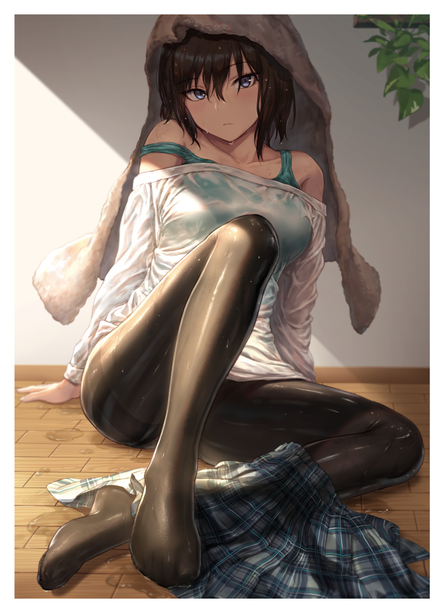 1girl, absurdres, aqua_bra, arm_support, bangs, black_hair, black_legwear, blouse