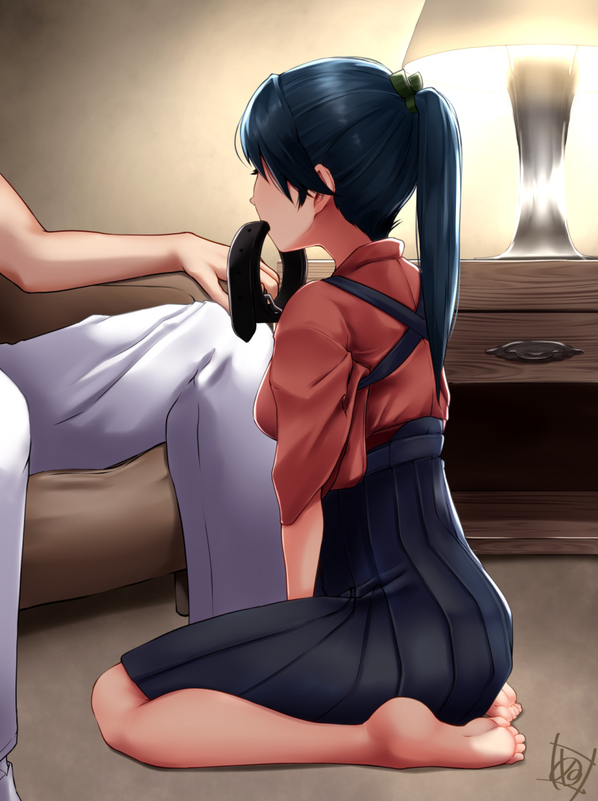 1boy, 1girl, admiral_(kantai_collection), blue_hair, blue_hakama, blush, collar, couch