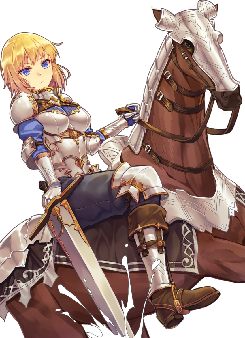 1girl, :<, armor, armored_boots, blonde_hair, blue_eyes, boots, fantasy