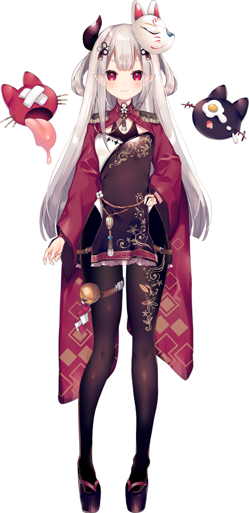 1girl, ana_(rznuscrf), asymmetrical_clothes, bangs, blush, bodysuit, breasts, closed_mouth, full_body, geta, hair_ribbon, hand_on_hip, japanese_clothes, long_hair, long_sleeves, looking_at_viewer, naraka_(nijisanji), nijisanji, official_art, oni, oni_horns, pointy_ears, red_eyes, ribbon, rope, short_eyebrows, silver_hair, small_breasts, smile, solo, standing, tabi, tachi-e, transparent_background, very_long_hair, virtual_youtuber, wide_sleeves, youkai
