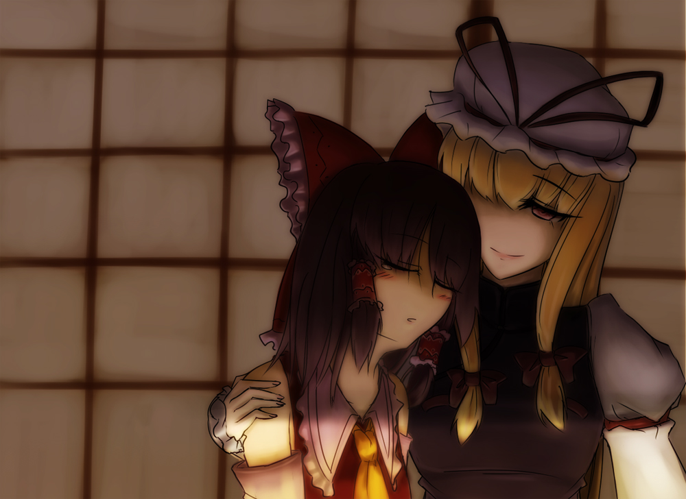 asa_inu, black_hair, blonde_hair, bow, detached_sleeves, hair_bow, hakurei_reimu, hat