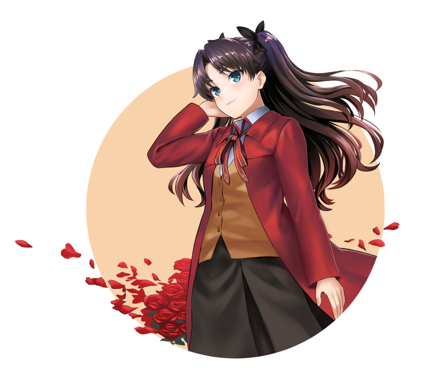 1girl, black_hair, black_skirt, commentary_request, fate/stay_night, fate_(series), flower, green_eyes